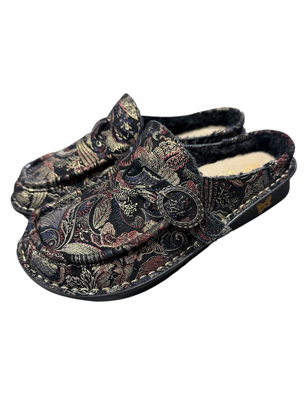ALEGRIA Brigid Slip On Clog Golden Hour Sherpa Black Gold Size 7-7.5